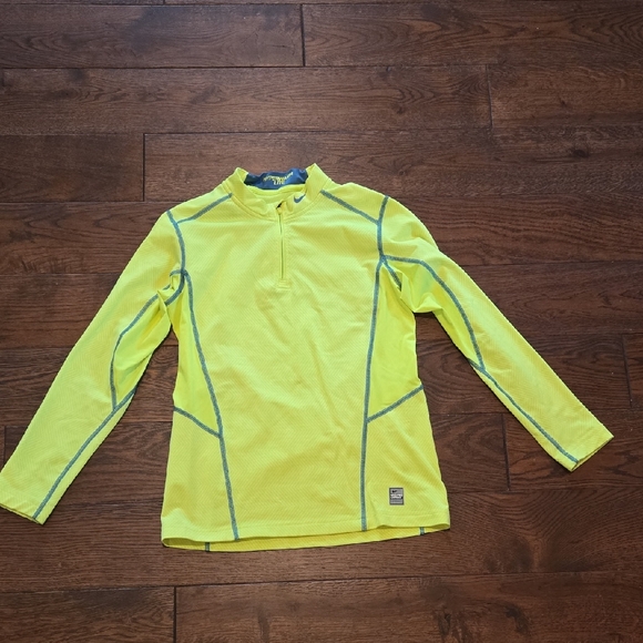 Nike Tops - Nike Pro Combat Hyperwarm Lite Fitted Neon Yellow Top with Blue Detail Zip Neck